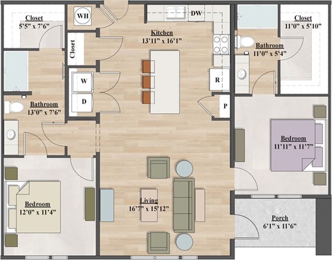Floor plan for 2 beds, 2 baths, 1136 sqft